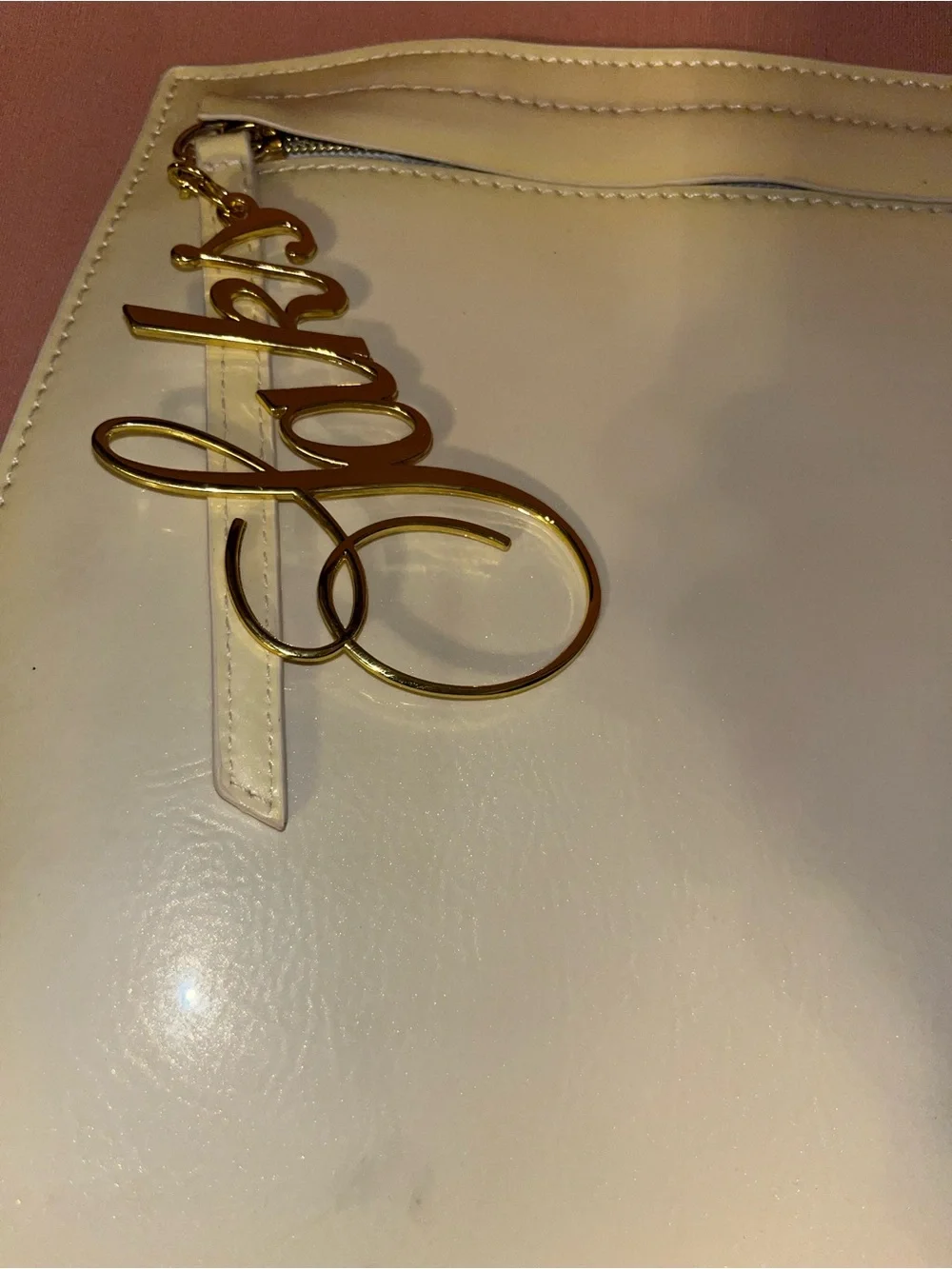 Chic White Zip Clutch/makeup bag with Saks Gold Script Charm